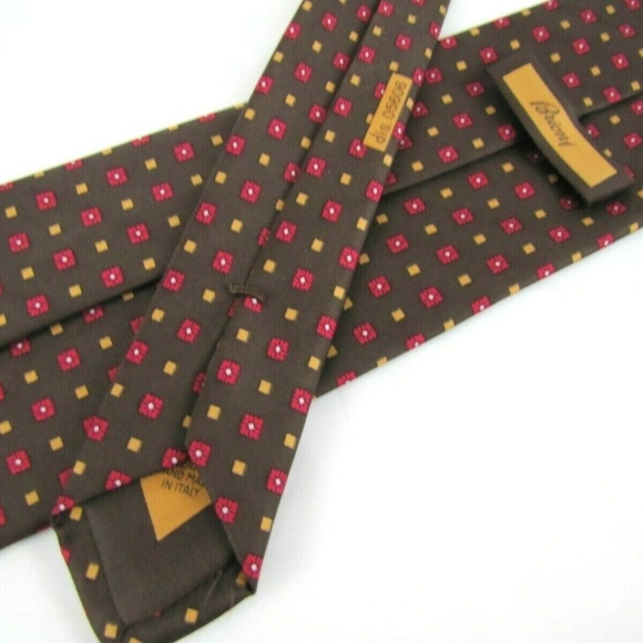 BRIONI Tie #05606 Chocolate Brown Yellow Geometric - Picture 4 of 7